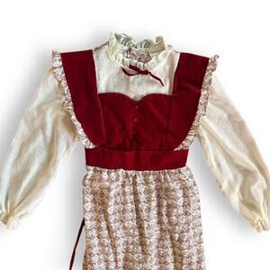 Vintage 70s JC Penney Prairie Style Ruby Velveteen Floral Ruffled Lace Gunne Sax
